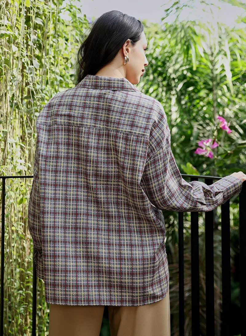 PINACOLADA Women's Woven Contrast-Check Oversized Shirt | Spread Collar , Long Button-Cuff Sleeves, Button Closure | Checks Jacquard Woven Shirt For Casual & Daily Wear | Coin Grey:Crimson Red