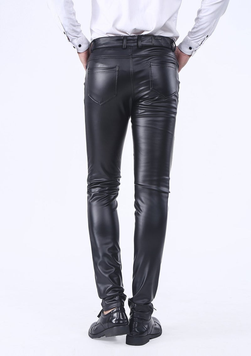 Idopy Men`s Business Slim Fit Five Pockets Faux Leather Pants Jeans Black 32 - Image 4
