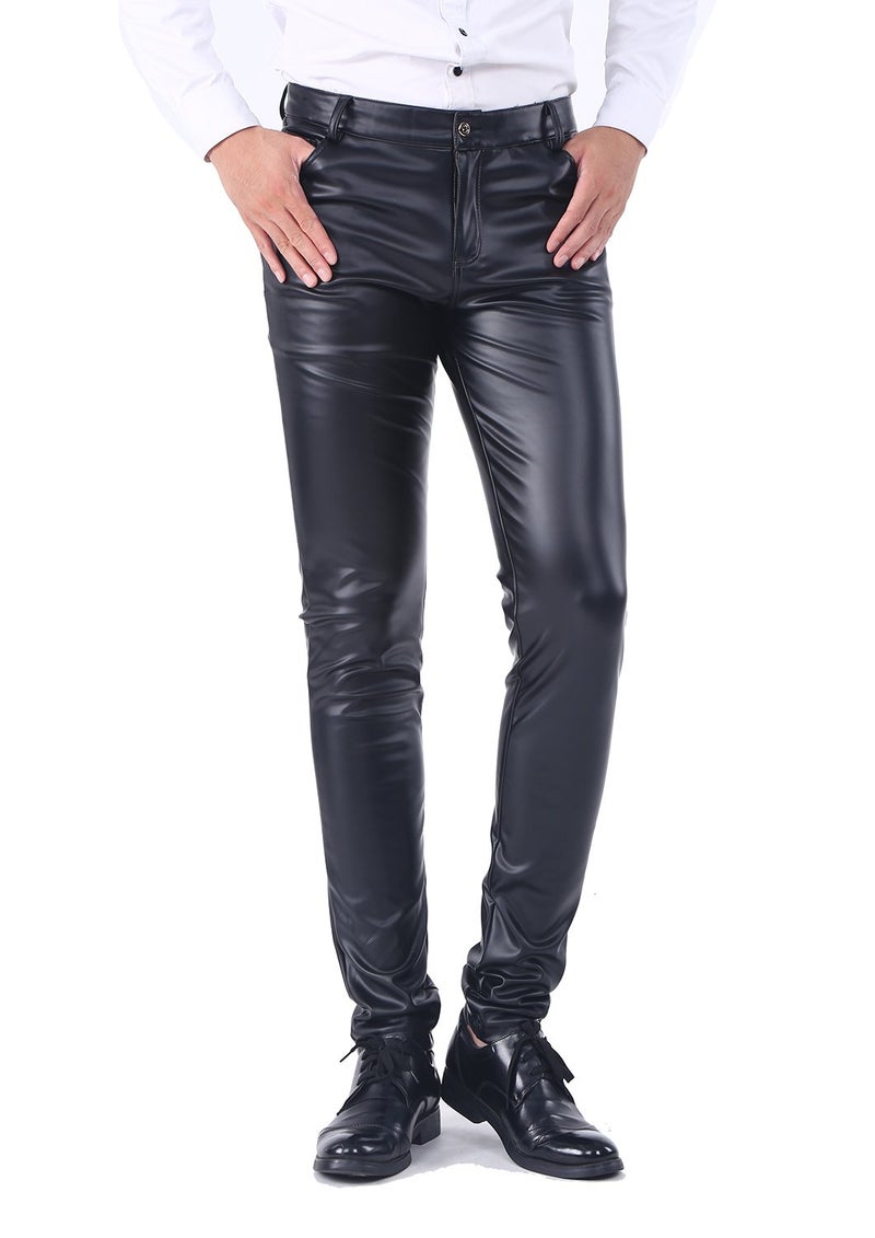Idopy Men`s Business Slim Fit Five Pockets Faux Leather Pants Jeans Black 32 - Image 1