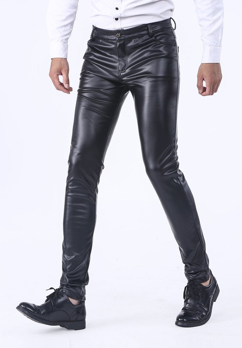 Idopy Men`s Business Slim Fit Five Pockets Faux Leather Pants Jeans Black 32 - Image 2