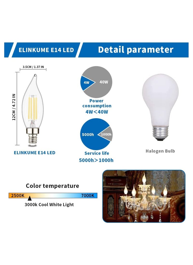 E14 Led Bulb E14 Flame Tip LED Filament Candle Light Bulb 40w Incandescent Equivalent C35 4W 2700K Warm White Energy Saving Chandelier Ceiling Bent-Tip Light Bulbs 360°Beam Angle(5Pcs Warm White)