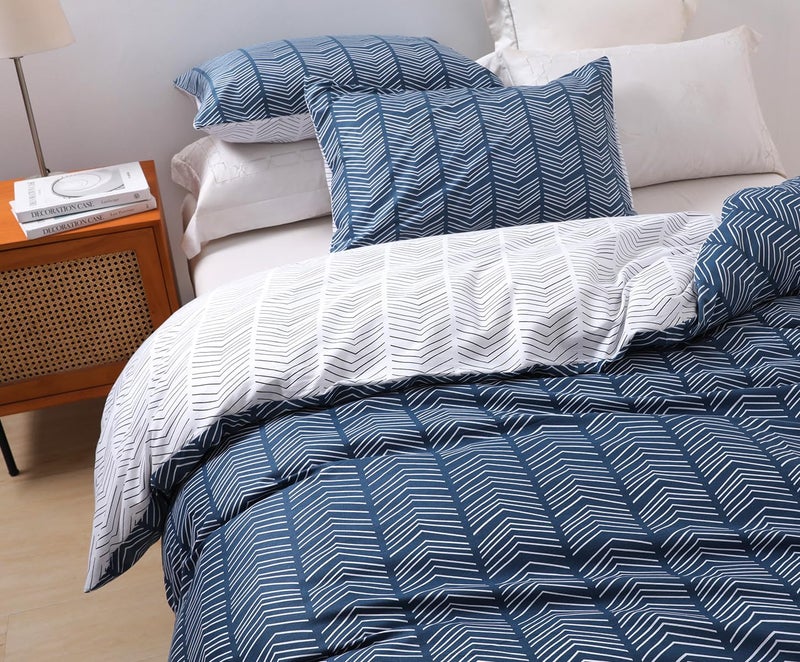 SLEEPBELLA Navy and White Duvet Cover Set, 100% Cotton Bedding, Chevron Geometric Pattern, with Button Closure (3pcs, Twin Size) - Image 3