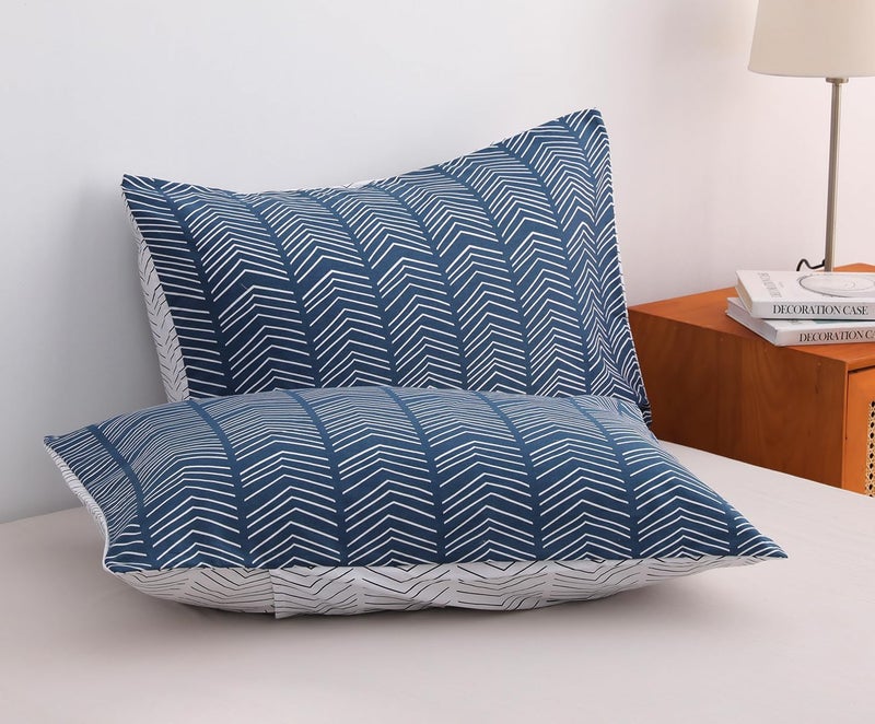 SLEEPBELLA Navy and White Duvet Cover Set, 100% Cotton Bedding, Chevron Geometric Pattern, with Button Closure (3pcs, Twin Size) - Image 4