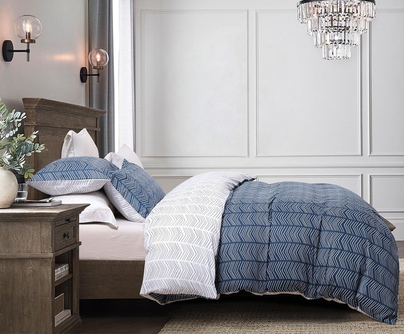SLEEPBELLA Navy and White Duvet Cover Set, 100% Cotton Bedding, Chevron Geometric Pattern, with Button Closure (3pcs, Twin Size) - Image 2