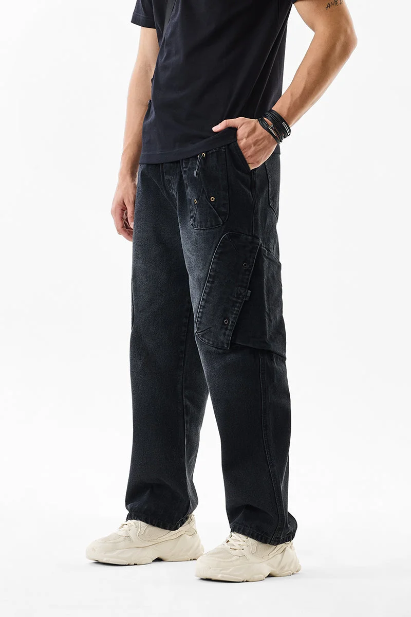 SNITCH Black Solid Loose Fit Streetwear Cargo