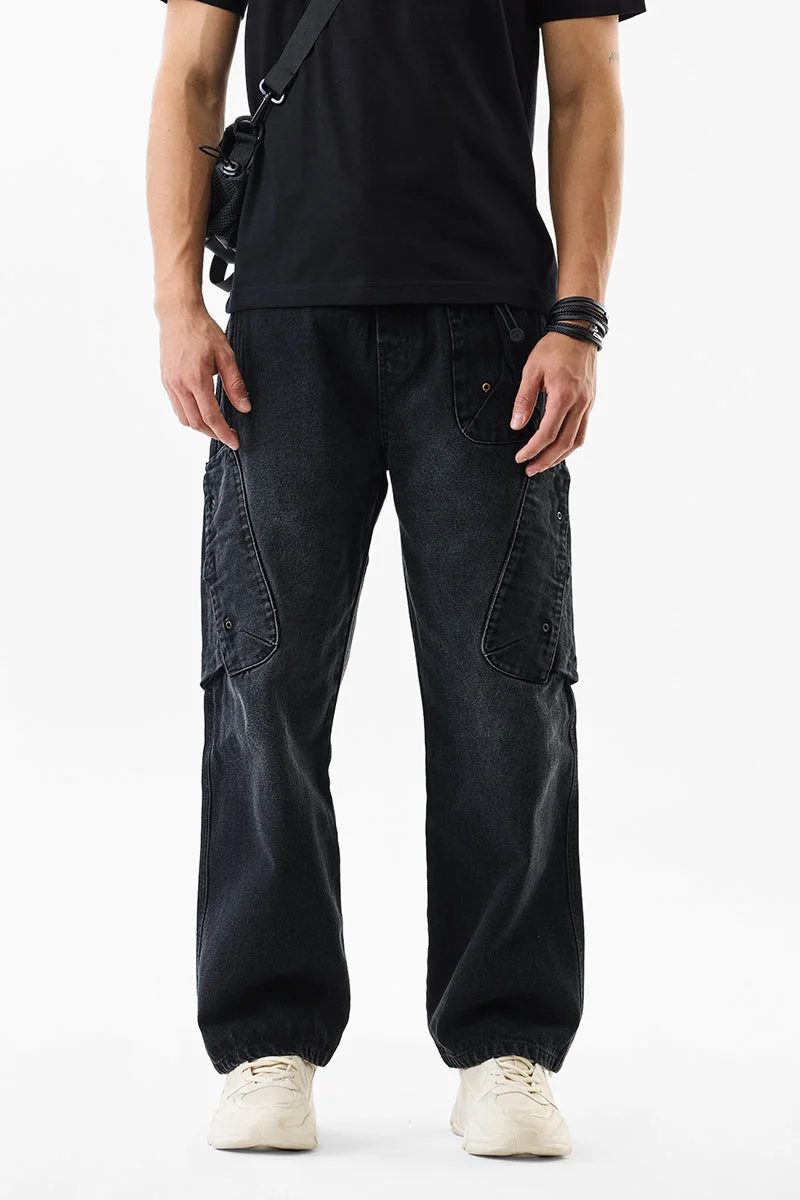 SNITCH Black Solid Loose Fit Streetwear Cargo