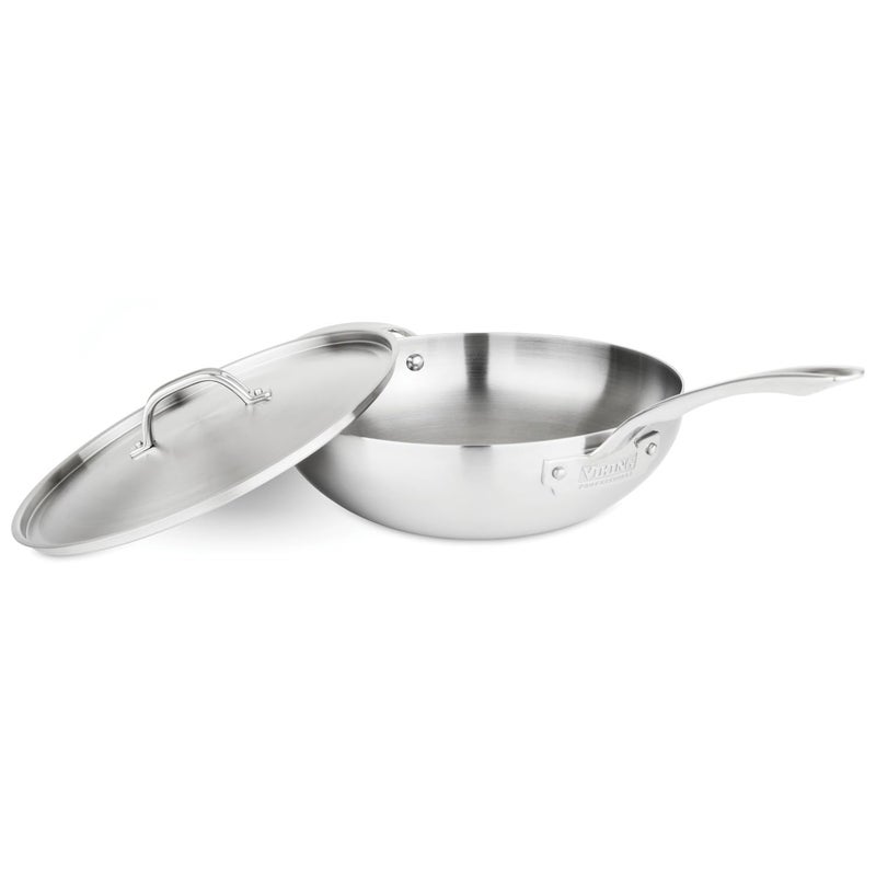 Viking 5Ply Chef Pan 12 Inch Stainless Steel Saute and Frying Pan with Lid Dishwasher and Oven Safe Induction Ready Silver