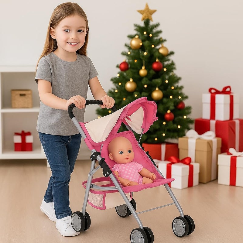 fash n kolor My First Doll Stroller with Basket  Pink OffWhite Foldable Doll Stroller  Fits Upto 18 Dolls 2 Free Magic Bottles Included - Image 3