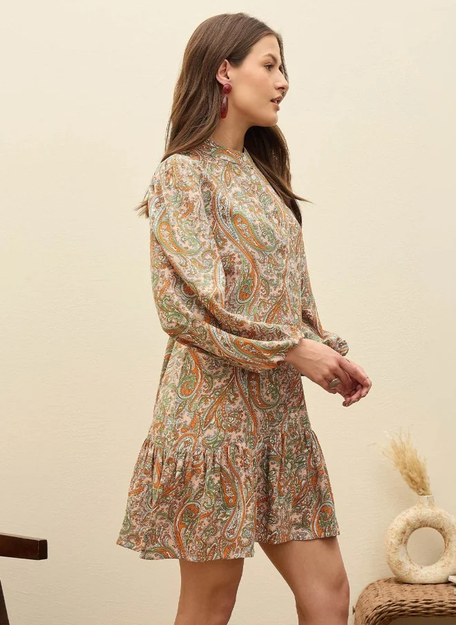 SASSAFRAS Paisley Puff Sleeve Shirt Dress for Women