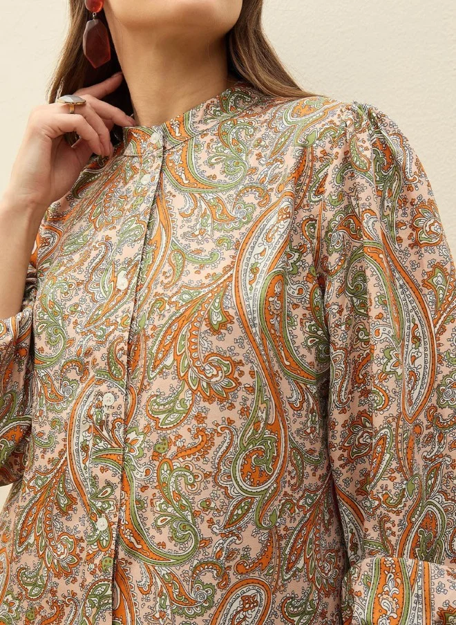 SASSAFRAS Paisley Puff Sleeve Shirt Dress for Women