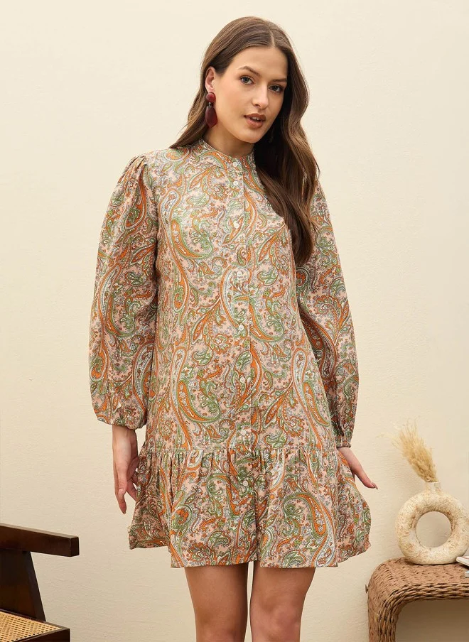 SASSAFRAS Paisley Puff Sleeve Shirt Dress for Women