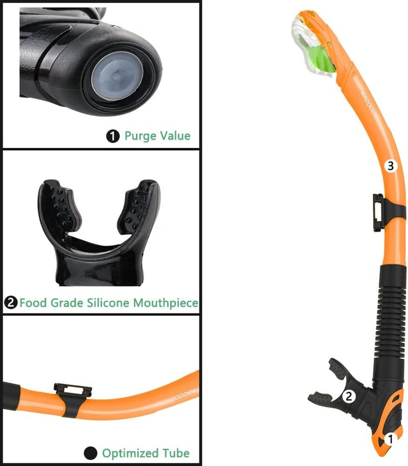 WACOOL Dry Top Snorkel Tube Comfortable Mouthpiece One-Way Purge Valve for Pool Open Water Scuba Lap Swimming Swimmer Training Diving Snorkeling - Image 3