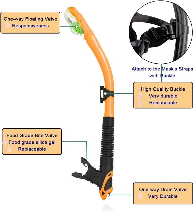 WACOOL Dry Top Snorkel Tube Comfortable Mouthpiece One-Way Purge Valve for Pool Open Water Scuba Lap Swimming Swimmer Training Diving Snorkeling - Image 1