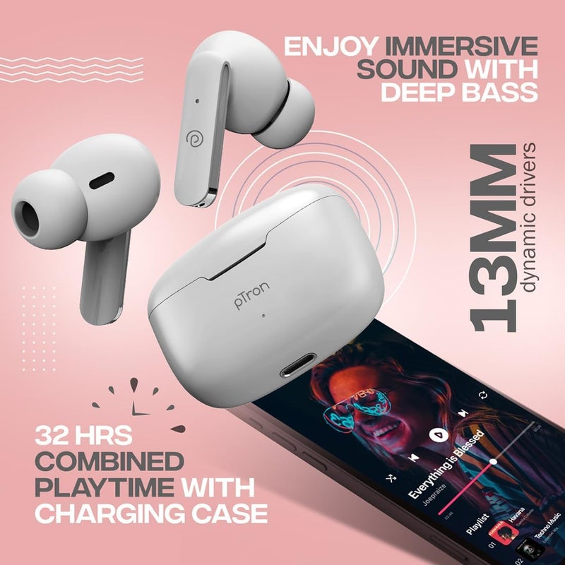 PTron Bassbuds Duo in-Ear Earbuds with 32Hrs Total Playtime, Bluetooth 5.1 Wireless Headphones, Stereo Audio, Touch Control TWS, Dual Mic, Type-C Fast Charging, IPX4 & Voice Assistance (White) - Image 2