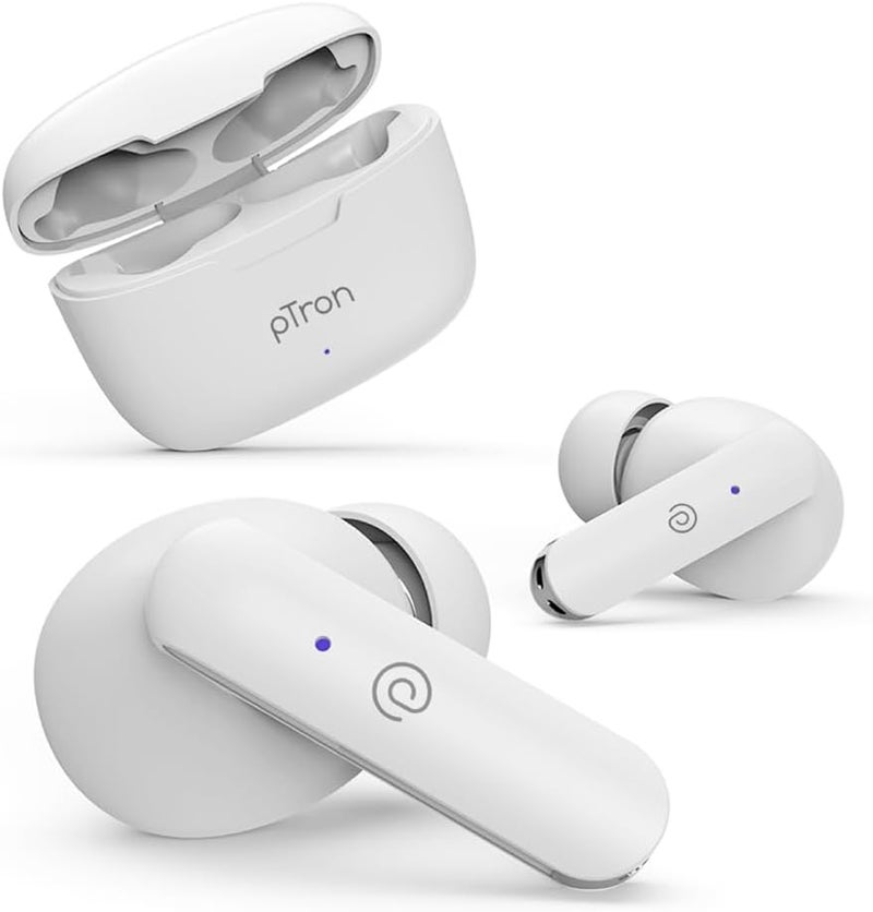 PTron Bassbuds Duo in-Ear Earbuds with 32Hrs Total Playtime, Bluetooth 5.1 Wireless Headphones, Stereo Audio, Touch Control TWS, Dual Mic, Type-C Fast Charging, IPX4 & Voice Assistance (White) - Image 1