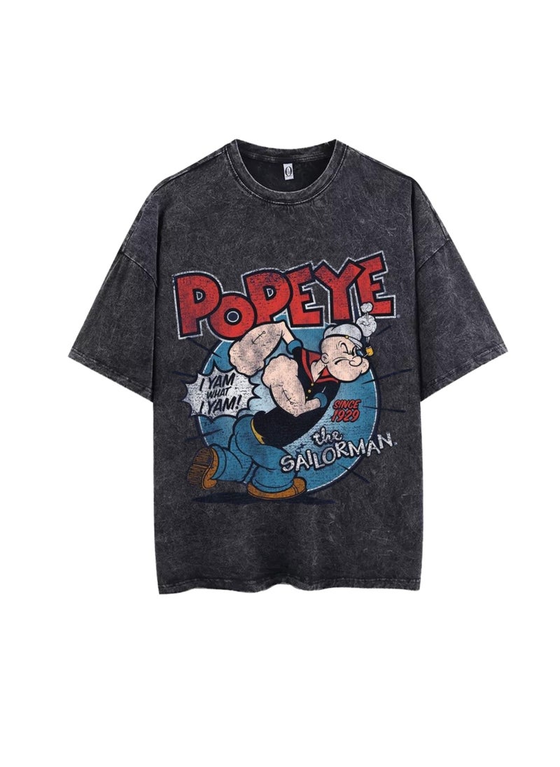 Thirty-One - Unisex Popeye Graphic Vintage Black Acid Wash T-Shirt - Image 1