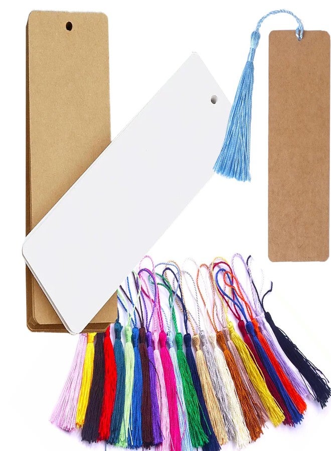 Doukey 60 PCS Blank Bookmarks Kraft Paper with Colorful Tassels, Blank Cardstock Bookmarks for Class Projects, 5.5''x2'' - Image 1