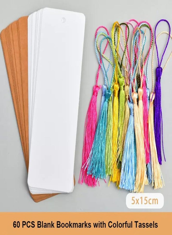 Doukey 60 PCS Blank Bookmarks Kraft Paper with Colorful Tassels, Blank Cardstock Bookmarks for Class Projects, 5.5''x2'' - Image 2