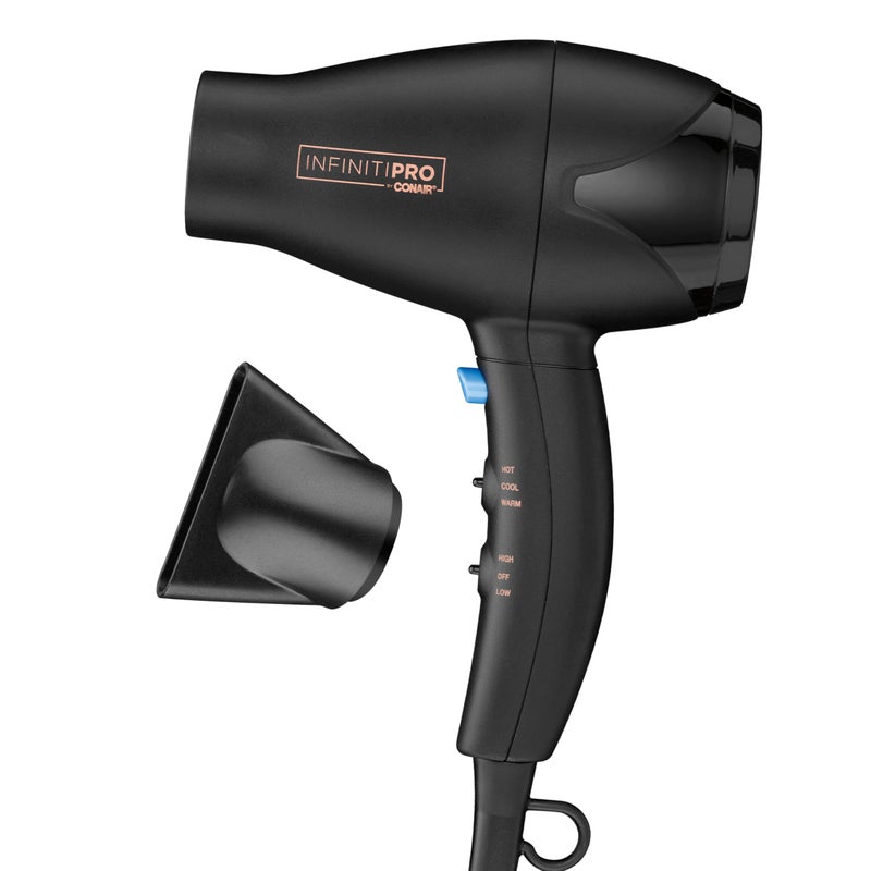 CONAIR INFINITI PRO CONAIR Travel Hair Dryer, 1600W Mighty Mini Compact Blow Dryer with Concentrator Attachment, Lightweight Professional AC Motor for Fast Drying, 3 Heat & 2 Speed Settings, Black - Image 1