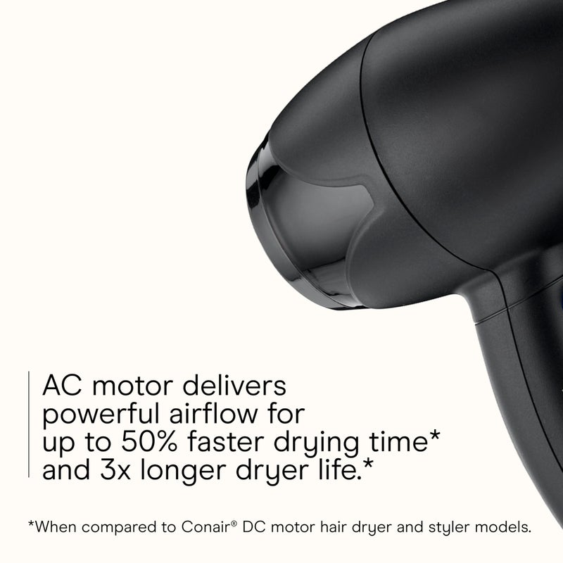 CONAIR INFINITI PRO CONAIR Travel Hair Dryer, 1600W Mighty Mini Compact Blow Dryer with Concentrator Attachment, Lightweight Professional AC Motor for Fast Drying, 3 Heat & 2 Speed Settings, Black - Image 3