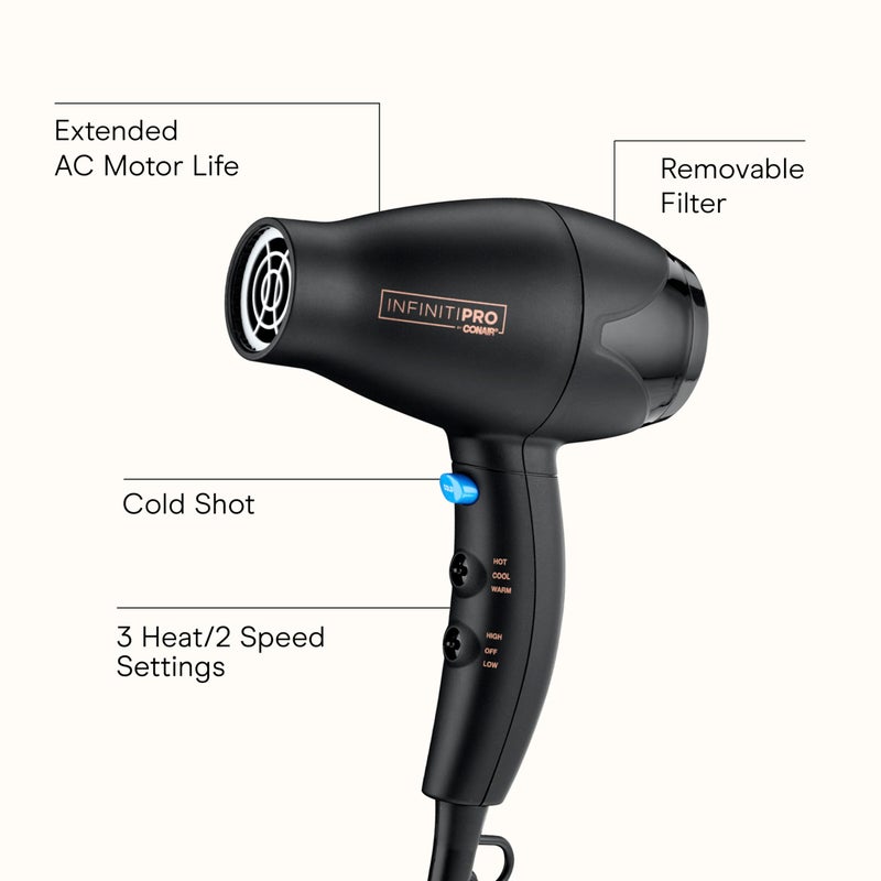 CONAIR INFINITI PRO CONAIR Travel Hair Dryer, 1600W Mighty Mini Compact Blow Dryer with Concentrator Attachment, Lightweight Professional AC Motor for Fast Drying, 3 Heat & 2 Speed Settings, Black - Image 2