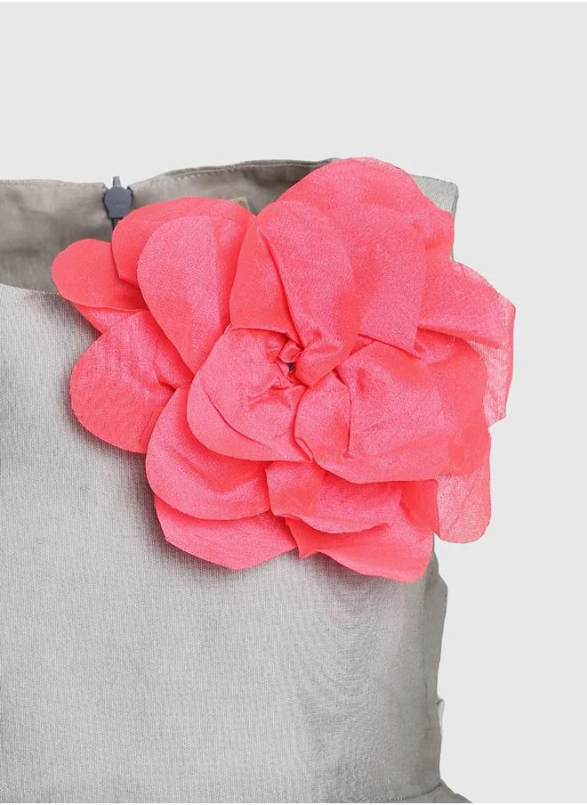 Styli Box Pleated Dress with Floral Applique
