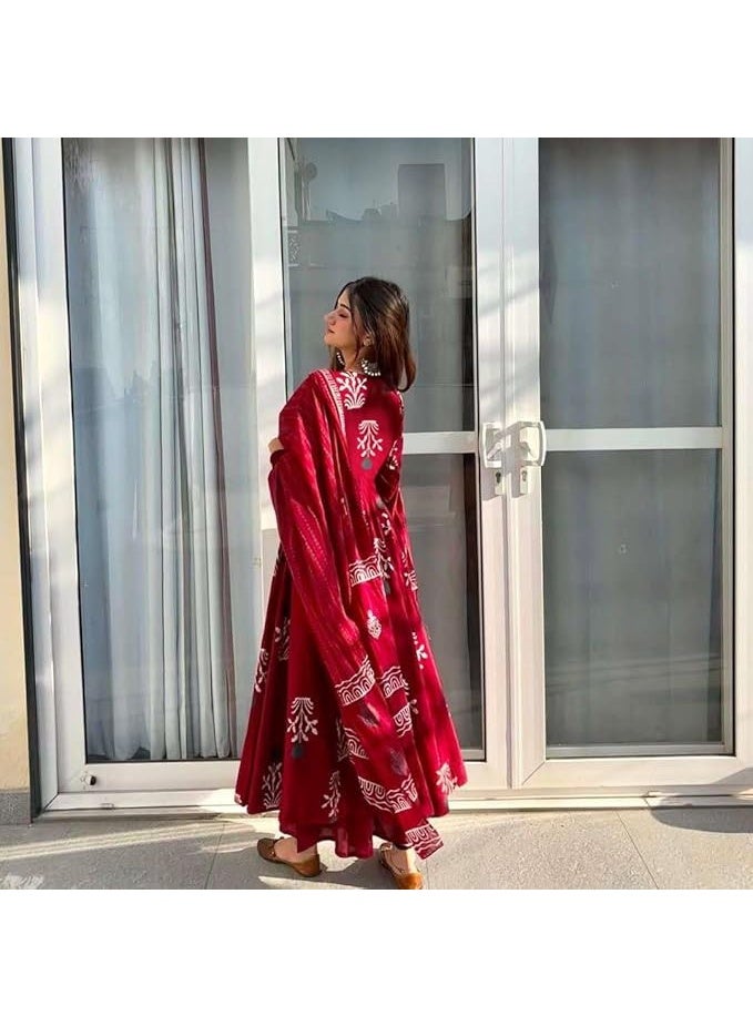 آني ديزاينر ANNI Designer | طقم كورتا وبنطال ودوباتا بطبعة أناركالي من الرايون | طقم كورتا قطني أنيق للنساء | طقم بدلة متناسق بطابع عرقي مع دوباتا | أطقم كورتا احتفالية للنساء - Image 2