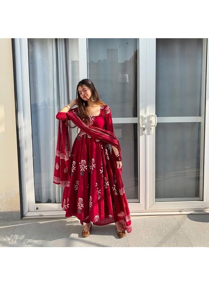 آني ديزاينر ANNI Designer | طقم كورتا وبنطال ودوباتا بطبعة أناركالي من الرايون | طقم كورتا قطني أنيق للنساء | طقم بدلة متناسق بطابع عرقي مع دوباتا | أطقم كورتا احتفالية للنساء - Image 3