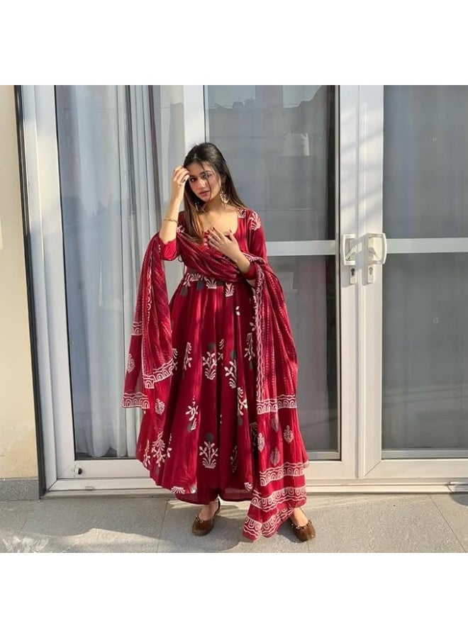 آني ديزاينر ANNI Designer | طقم كورتا وبنطال ودوباتا بطبعة أناركالي من الرايون | طقم كورتا قطني أنيق للنساء | طقم بدلة متناسق بطابع عرقي مع دوباتا | أطقم كورتا احتفالية للنساء - Image 4