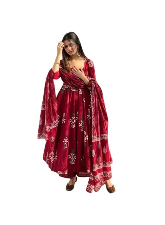 آني ديزاينر ANNI Designer | طقم كورتا وبنطال ودوباتا بطبعة أناركالي من الرايون | طقم كورتا قطني أنيق للنساء | طقم بدلة متناسق بطابع عرقي مع دوباتا | أطقم كورتا احتفالية للنساء - Image 1