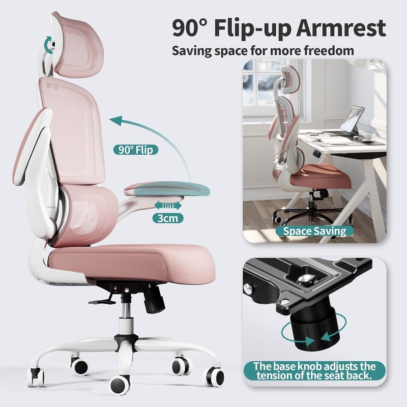 TRALT Office Chair Ergonomic Desk Chair, 330 LBS Home Mesh Office Desk Chairs with Wheels, Comfortable Gaming Chair, High Back Office Chair for Long Hours (Black) (Pale Pink) - Image 3