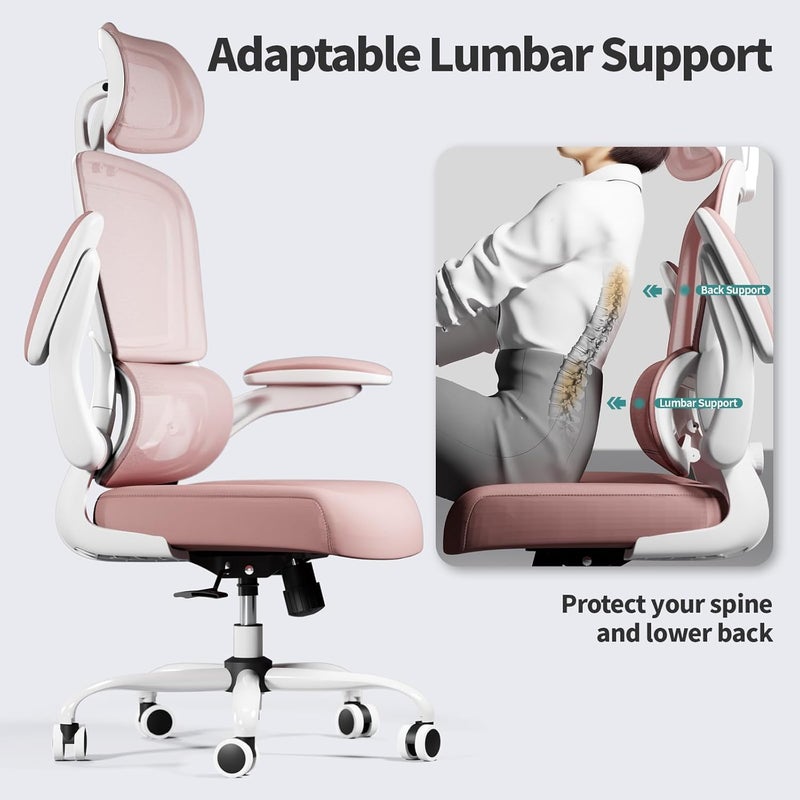 TRALT Office Chair Ergonomic Desk Chair, 330 LBS Home Mesh Office Desk Chairs with Wheels, Comfortable Gaming Chair, High Back Office Chair for Long Hours (Black) (Pale Pink) - Image 5