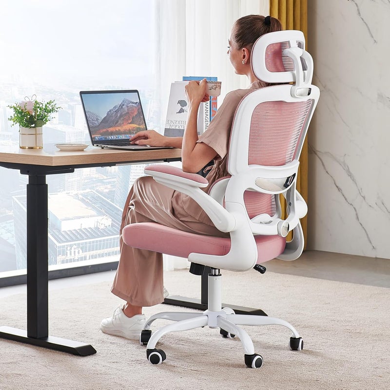 TRALT Office Chair Ergonomic Desk Chair, 330 LBS Home Mesh Office Desk Chairs with Wheels, Comfortable Gaming Chair, High Back Office Chair for Long Hours (Black) (Pale Pink) - Image 1