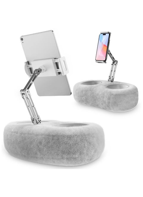 Adjustable Tablet Pillow Stand Holder with 2 Snack Bowls, Phone  Stand Pillow, for Lap Bed Sofa Chair, With 360 °rotating pull clip and 180 °foldable arm,Compatible with 4.7-13inch Tablet, iPad, iPhone, Google, Samsung, Kindle,Grey