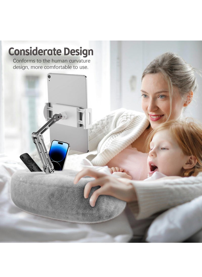 XiuWoo - Adjustable Tablet Pillow Stand Holder with 2 Snack Bowls, Phone  Stand Pillow, for Lap Bed Sofa Chair, With 360 °rotating pull clip and 180 °foldable arm,Compatible with 4.7-13inch Tablet, iPad, iPhone, Google, Samsung, Kindle,Grey - Image 1
