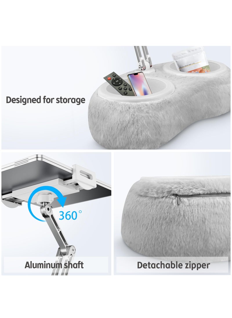 XiuWoo - Adjustable Tablet Pillow Stand Holder with 2 Snack Bowls, Phone  Stand Pillow, for Lap Bed Sofa Chair, With 360 °rotating pull clip and 180 °foldable arm,Compatible with 4.7-13inch Tablet, iPad, iPhone, Google, Samsung, Kindle,Grey - Image 1