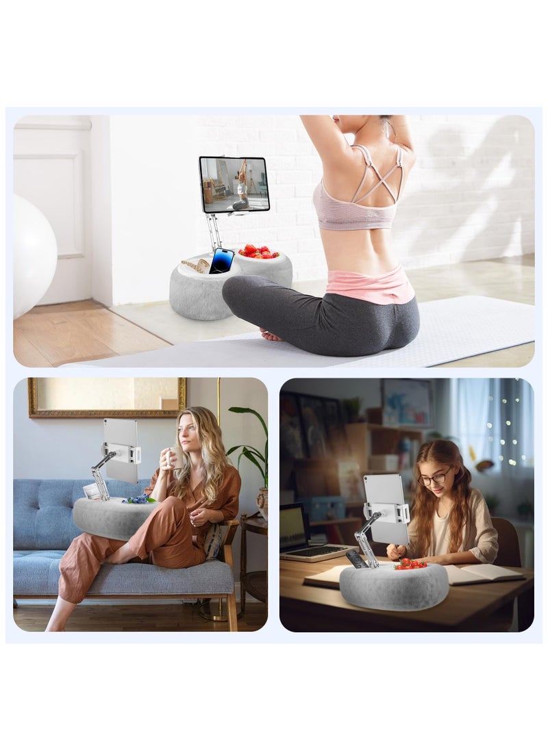 XiuWoo - Adjustable Tablet Pillow Stand Holder with 2 Snack Bowls, Phone  Stand Pillow, for Lap Bed Sofa Chair, With 360 °rotating pull clip and 180 °foldable arm,Compatible with 4.7-13inch Tablet, iPad, iPhone, Google, Samsung, Kindle,Grey - Image 1