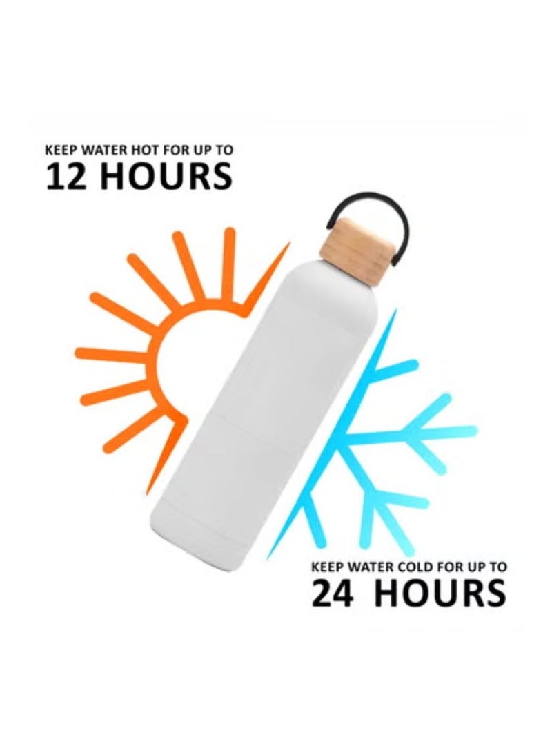Leak-Proof 25oz Insulated Stainless Steel Water Bottle – White Matte Finish, Bamboo Lid with Silicone Ring, Reusable & Eco-Friendly  - Image 3