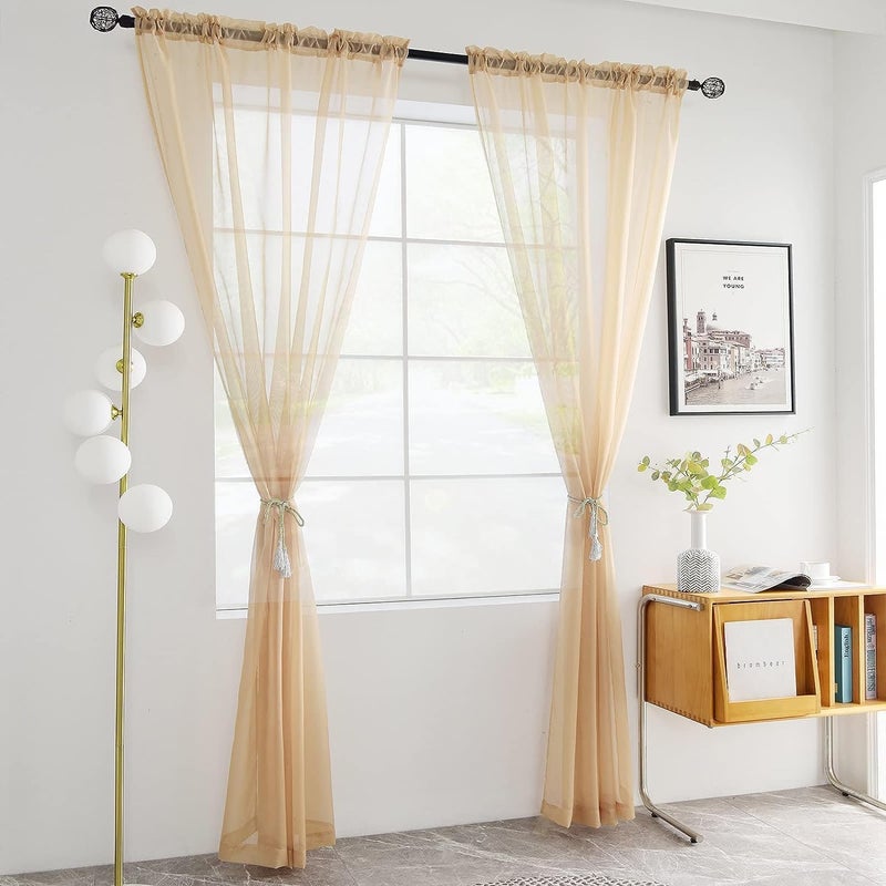 youleyar الصلبة القضيب قضيب الجيب الستار Voile Draperies 2 لوحات بيضاء بيج رمادي القهوة 60 بوصة عرض 96 بوصة 1 زوج 1 زوج لغرفة نوم المطبخ ساحة غرفة المعيشة (البيج 60Wx96L) - Image 2