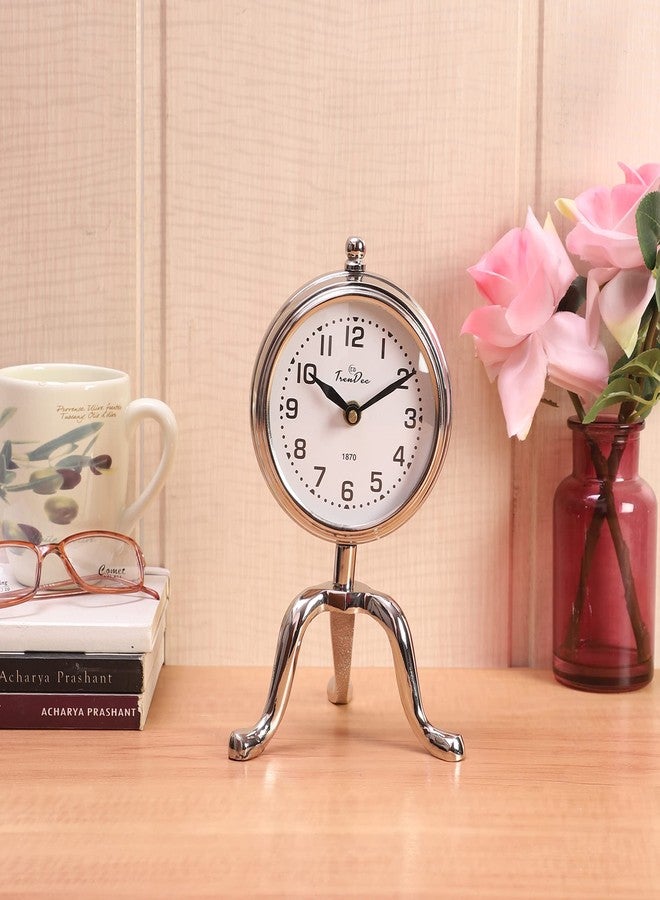 TrenDec Aluminium Metal Round Silver Finish 9" Height Table Analog Clock for Bedroom & Office Desk | Analog Table Clock | Kitchen Office Clock. - Image 1