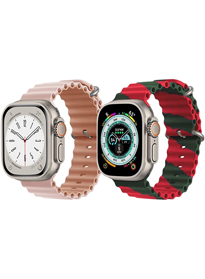 IAF Silicone Ocean Band Strap for Apple Watch Ultra 8 49mm Pink/Beige Double Side Strap with Red/Green Double Line Strap Set of 2