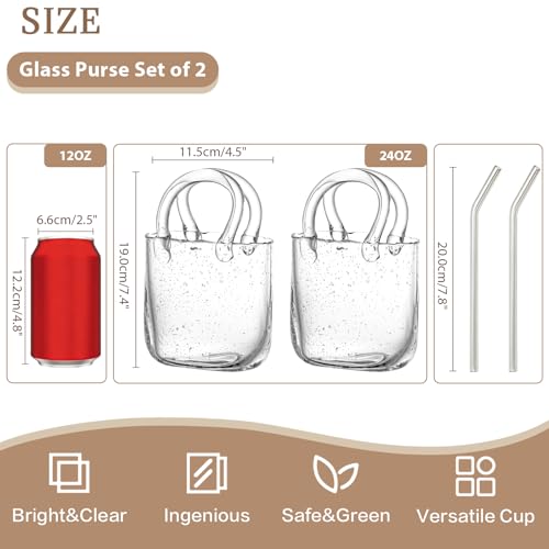 USEEKRIL Glass Purse for Drinks Set of 2,24oz Unique Funky Thick Wine Glasses Gifts for Women Party,Fish Bowl Vase,Creative Unique Drinking Glass for Fruit Juice,Tea,Matcha,Coffee,Flowers (Bubbled) - Image 2