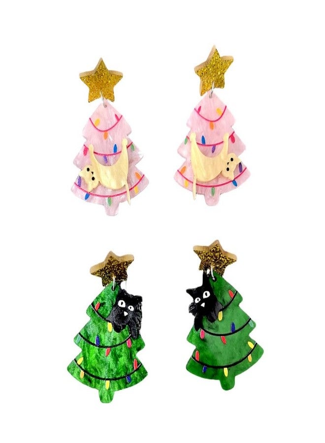 Kzl 2 Pairs Christmas Cat Tree Dangle Drop Earrings for Women Cute Funny Cartoon Kitten Xmas Tree Acrylic Earrings Christmas Holiday Jewelry Gifts-Set A - Image 1