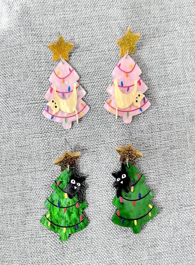 Kzl 2 Pairs Christmas Cat Tree Dangle Drop Earrings for Women Cute Funny Cartoon Kitten Xmas Tree Acrylic Earrings Christmas Holiday Jewelry Gifts-Set A - Image 2