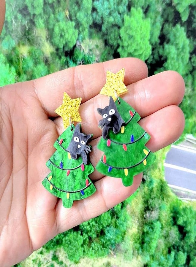 Kzl 2 Pairs Christmas Cat Tree Dangle Drop Earrings for Women Cute Funny Cartoon Kitten Xmas Tree Acrylic Earrings Christmas Holiday Jewelry Gifts-Set A - Image 4