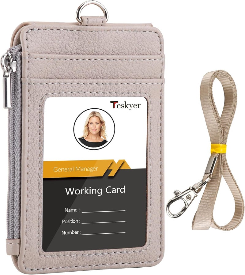 Teskyer Badge Holder with Side Zip Pocket, Multiple Card Slots Leather ID Holder Wallet with Neck Lanyard for Office Staffs, Teachers/Students, Workers, Cruise Cards, Bus/Metro Cards, Lichee Beige - Image 1