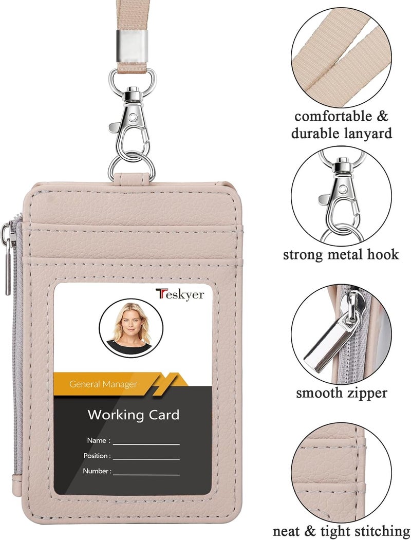 Teskyer Badge Holder with Side Zip Pocket, Multiple Card Slots Leather ID Holder Wallet with Neck Lanyard for Office Staffs, Teachers/Students, Workers, Cruise Cards, Bus/Metro Cards, Lichee Beige - Image 3