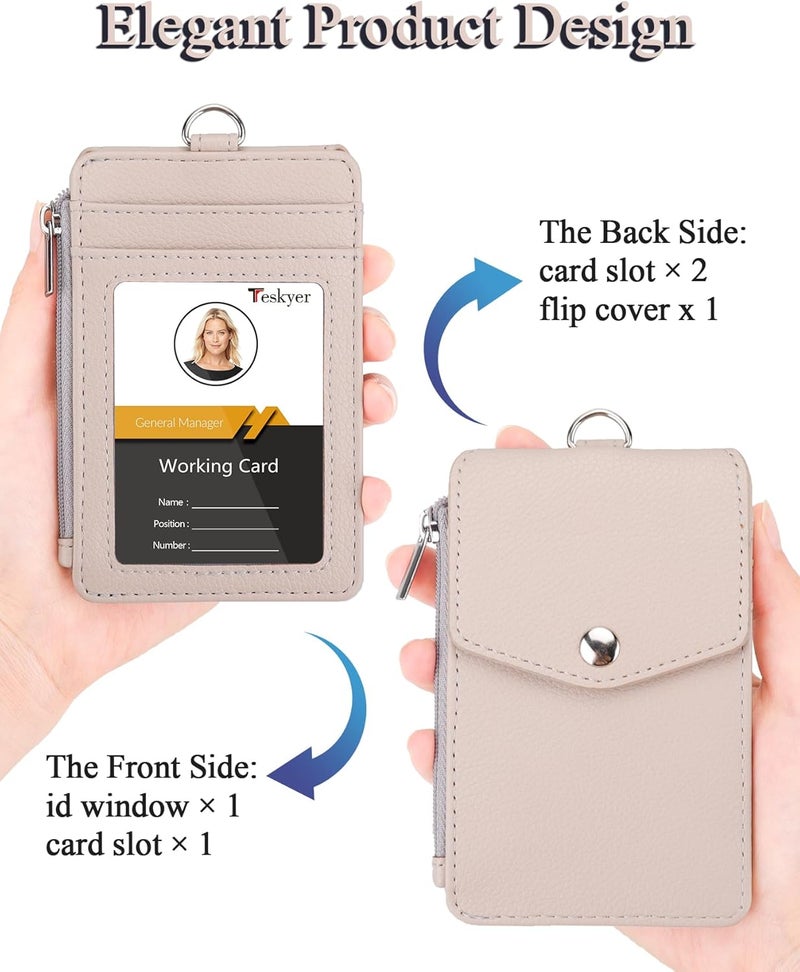 Teskyer Badge Holder with Side Zip Pocket, Multiple Card Slots Leather ID Holder Wallet with Neck Lanyard for Office Staffs, Teachers/Students, Workers, Cruise Cards, Bus/Metro Cards, Lichee Beige - Image 4