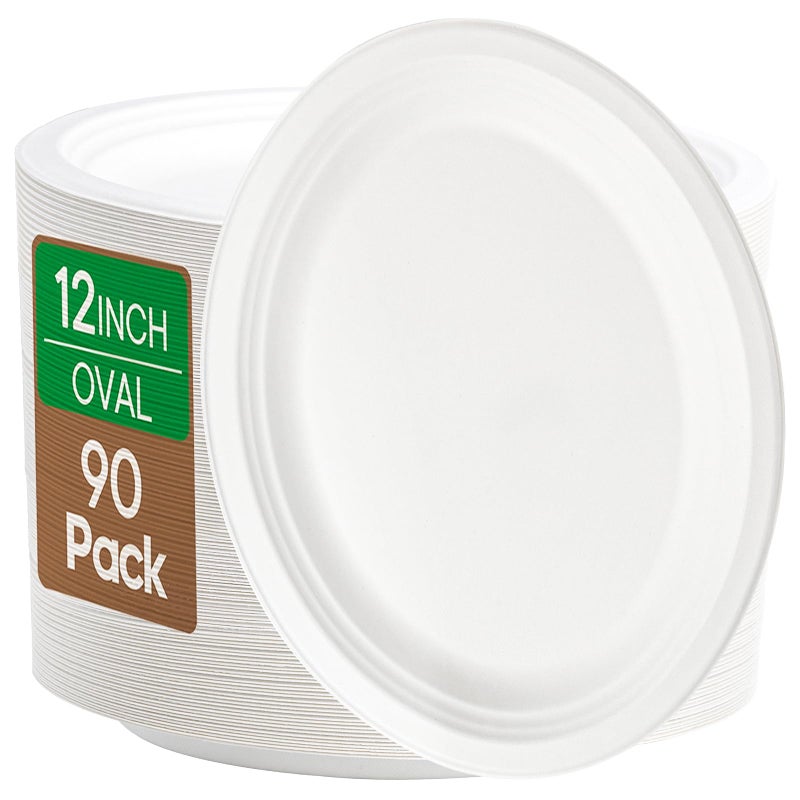 Elsjoy 90 Pack Compostable Oval Paper Plates  12.5 Inch Sugarcane Dinner Plates  Large Disposable Plates Biodegradable Platters  for Restaurant  BBQ  Parties  Breakfast  Microwave Safe - Image 1
