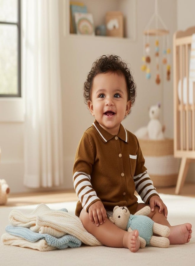 Pokory Baby Sweater Full Sleeve & Pocket Stylish Brown with White Stripes for Kids Boys and Girls Perfect Cool Weather Size 70 - Image 4